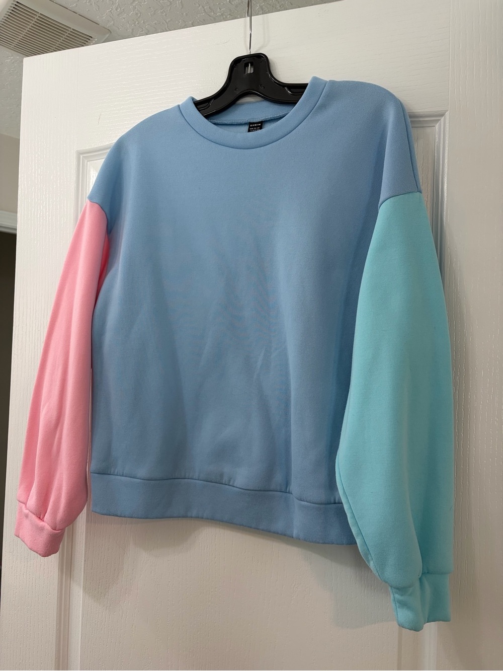 SHEIN Pastel Colorblock Crewneck Sweater in Light Blue with Pink & Aqua Sleeves